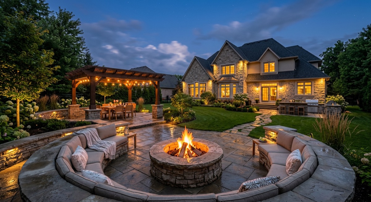 Completed luxury hardscape patio with fire pit and landscape lighting at dusk
